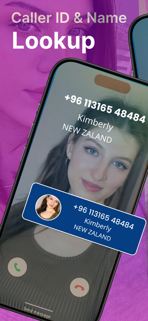 Interfaz de la aplicación Connect Pro Caller que muestra la función de identificación de llamadas y búsqueda de nombres durante una llamada entrante