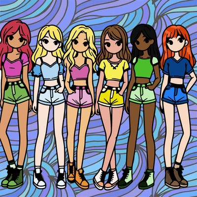a group of girls wearing crop tops and shorts