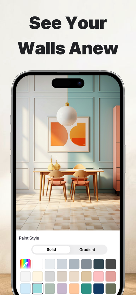 Interfaz de la aplicación House Design AI que muestra un comedor con varias opciones de color de pintura de pared