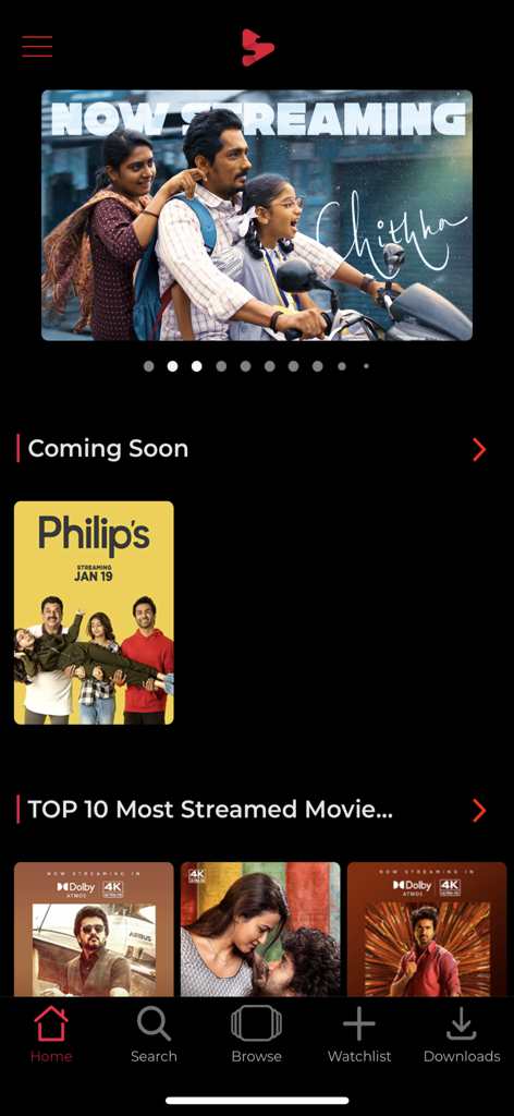 Écran d'accueil de l'application de streaming Simply South présentant des films sud-indiens comme Chithha et Philips