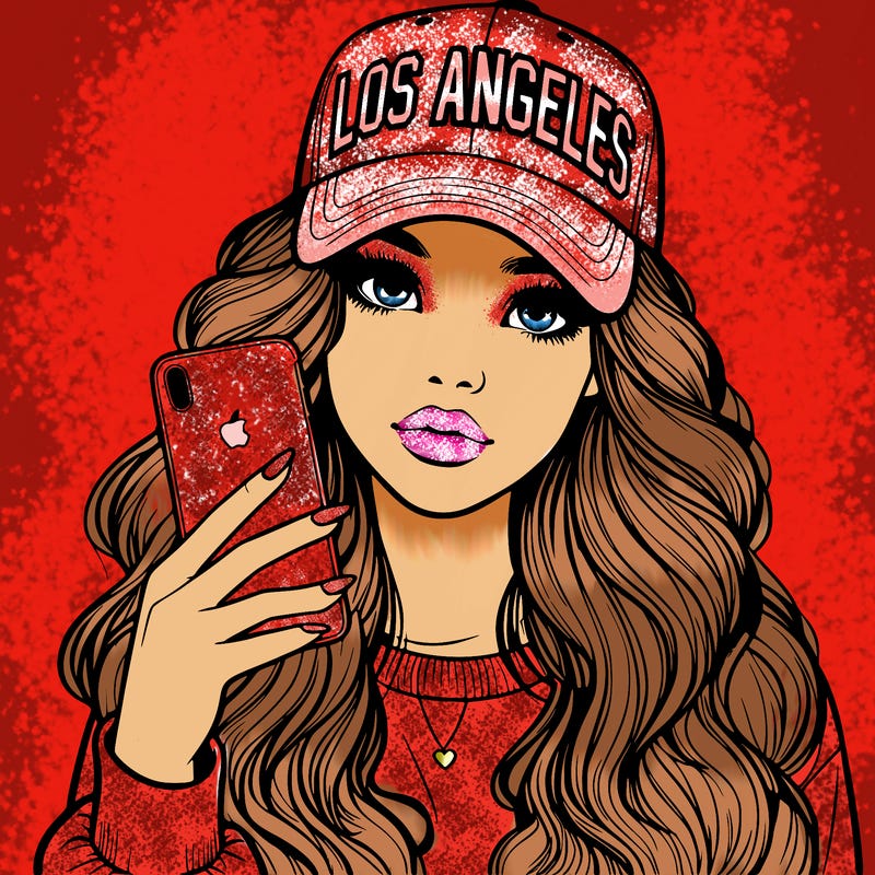 realistic beautiful girl wearing los ángeles cap holding an iphone