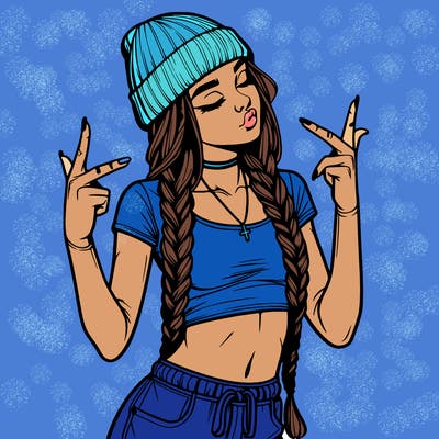 realistic teenage girl with braids and a beanie and crop top doing 🫶🏼