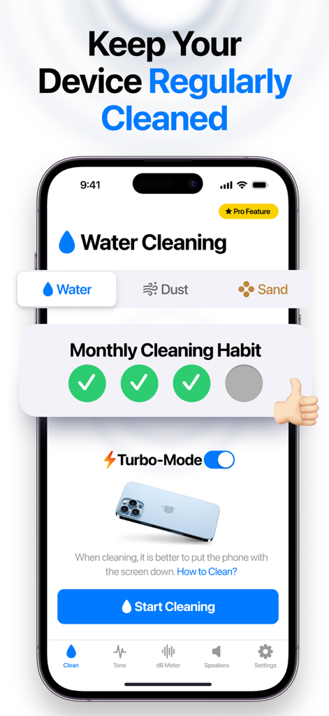 SpeakerTools: Sound Toolkit - Interface of the SpeakerTools app showing the water cleaning feature with turbo mode and monthly maintenance tracker