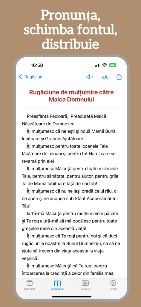 Calendar Ortodox 2026 - Écran de prière orthodoxe roumaine avec des options de prononciation audio et de réglage de la taille de la police.