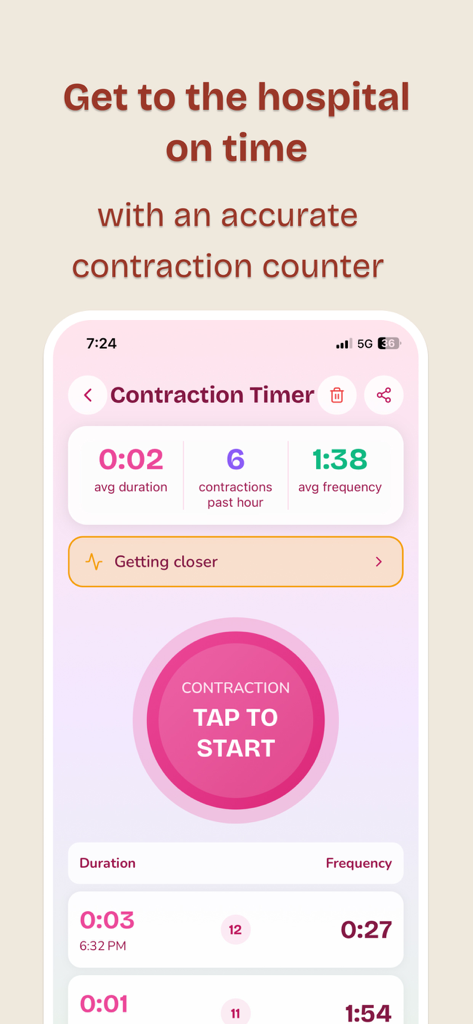 A screenshot of the Wombly app contraction timer interface showing average duration and frequency of contractions to help track labor progress.