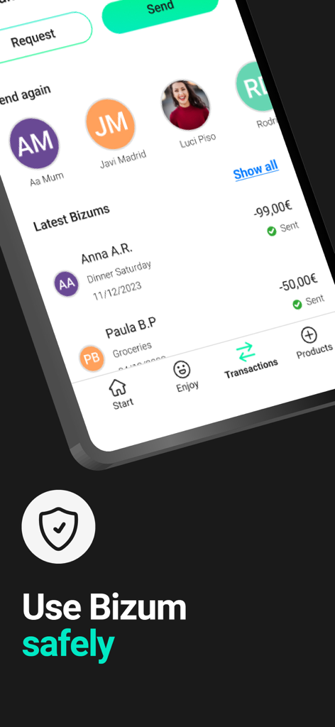 Interfaccia dell'app di mobile banking imagin per i pagamenti Bizum e la cronologia delle transazioni
