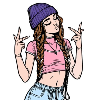 realistic teenage girl with braids and a beanie and crop top doing 🫶🏼