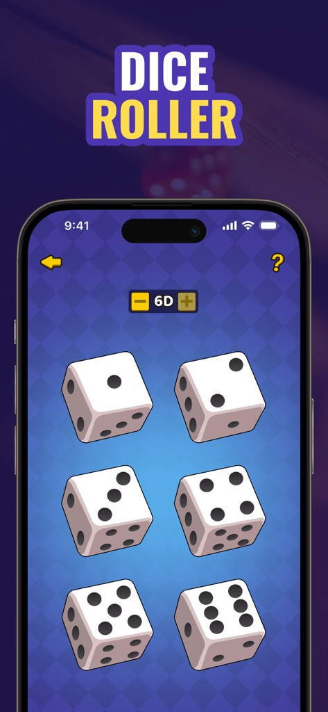 青い市松模様の背景に6つの白いサイコロが表示された、ダイスローラーのモバイルアプリインターフェース。