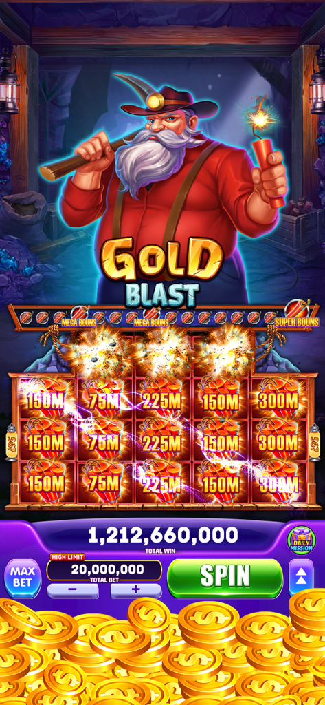 Jackpot Winner Casino Slots - Gameplay of Gold Blast slot machine in Jackpot Winner Casino Slots showing a miner character and a large coin win