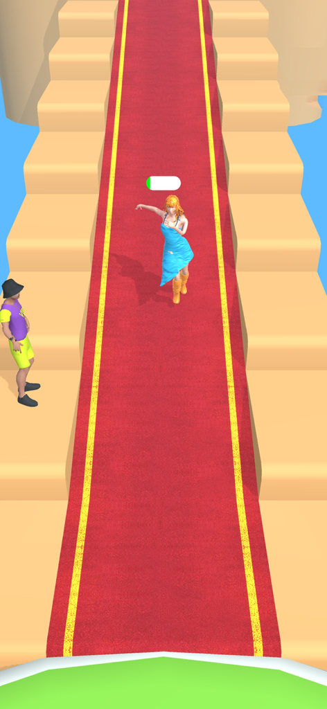 Date Run: Dress Up & Makeup - モバイルランナーゲームで、赤いカーペットのキャットウォークを歩く青いドレスのキャラクター。