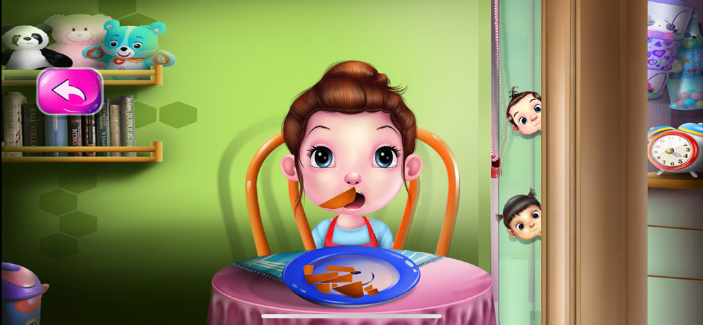 Cooking Chef: Master Kitchen - Una bambina cartone animato che mangia cibo da un piatto blu in una stanza colorata.