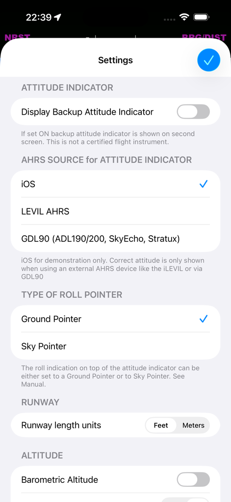 iEFIS Pro - iEFIS Pro settings screen showing options for attitude indicator source, roll pointer type, and runway units.