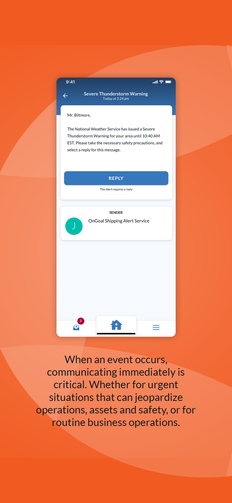 The OnSolve mobile app interface displaying a severe thunderstorm warning alert with a call to action for a user response.