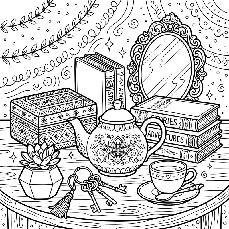 Step into a world of serene beauty with this enchanting still life coloring page, perfect for adults and teens. Discover a delightful arrangement of household treasures awaiting your personal artistic touch.