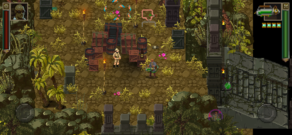 Pixel art gameplay screenshot of Lovecraft's Untold Stories showing a character in a jungle ruin setting with ancient stone pillars and crates.