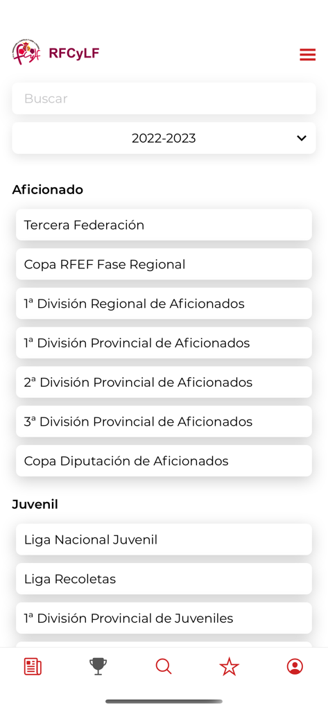 Interface of the RFCYLF app displaying amateur and youth soccer league categories for the 2022-2023 season