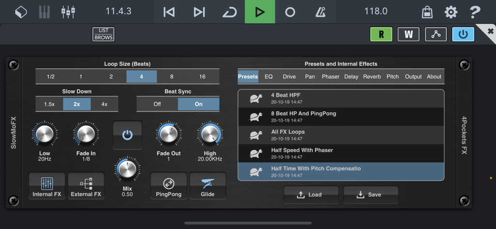 SlowMoFX - SlowMoFX AUv3 plugin interface showing audio effect controls and a list of presets