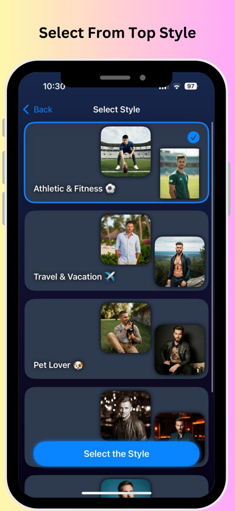 La interfaz de la aplicación Dazzle muestra un menú para elegir estilos de fotos IA como Atlético, Viajes y Amante de las Mascotas.
