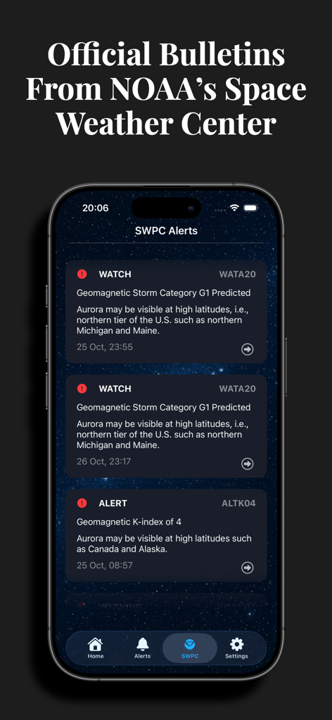 KP Index Aurora Forecast - Smartphone screen showing official NOAA space weather alerts and geomagnetic storm watches for aurora forecasting.