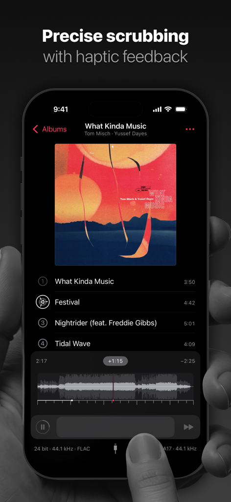 Pentaton: HiFi Offline Music - Pentaton HiFi music player interface showing precise scrubbing on a waveform with haptic feedback