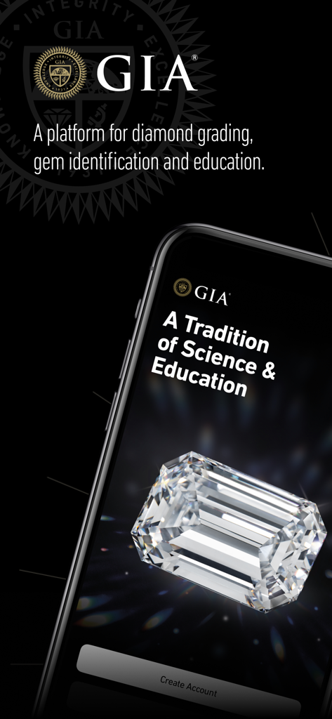 GIA - The GIA mobile app splash screen featuring an emerald cut diamond and text about diamond grading and education