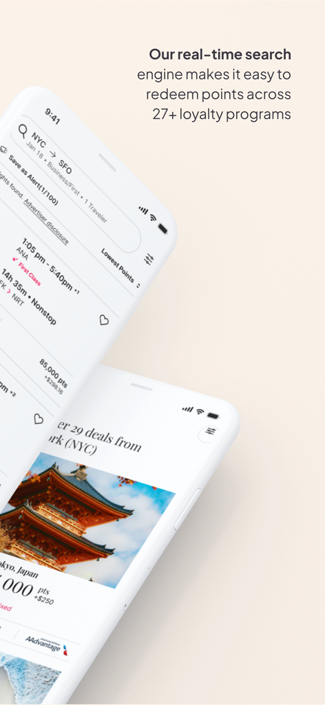 Pantallas de la aplicación móvil que muestran la búsqueda de vuelos de recompensa en tiempo real para canjear puntos de tarjetas de crédito en programas de fidelización de aerolíneas.