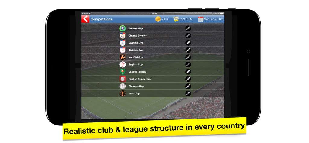 Un smartphone mostrando una lista de ligas de fútbol y competiciones de copa realistas en el juego móvil Soccer Tycoon