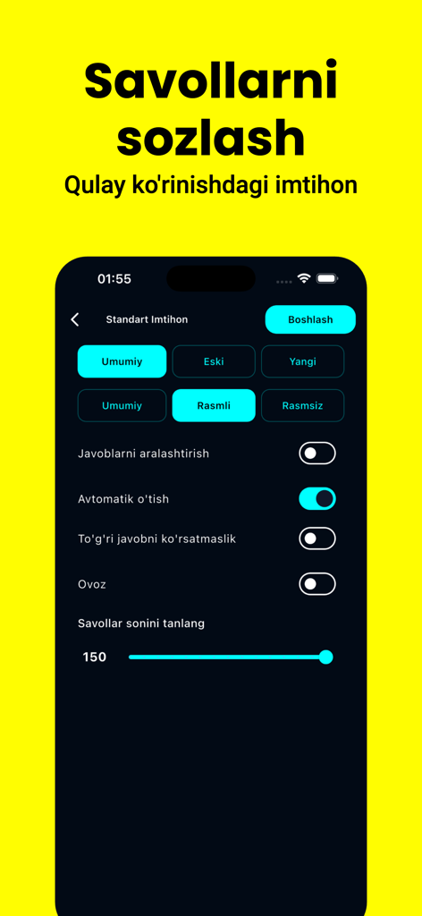 Avto Test PRO - Settings screen in Avto Test PRO app for customizing a driving rules exam with a slider for selecting the number of questions.