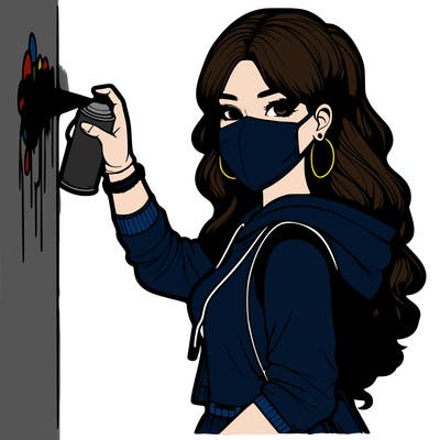 realistic girl with mask spray painting a wall