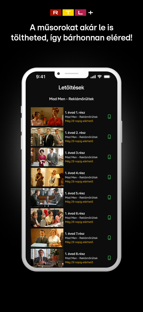 RTL+ Magyarország - Interfaz de la app móvil RTL+ Magyarország mostrando episodios descargados de una serie para ver sin conexión.