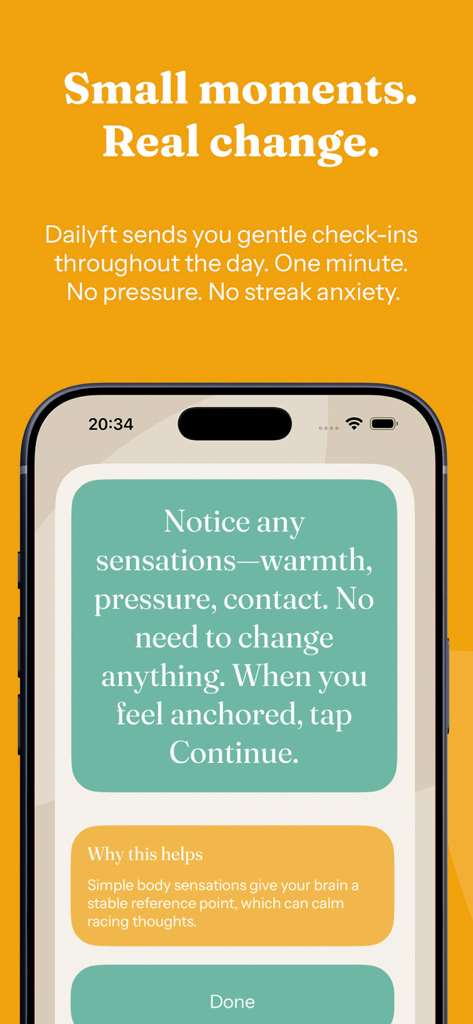 Dailyft – One Minute Better - Dailyft 앱 인터페이스에 마음을 진정시키는 1분 명상 체크인 프롬프트 표시