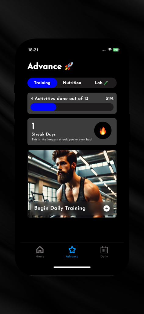 Beardly - Grow a Beard - Beardlyアプリのインターフェースに、トレーニングアクティビティの進捗状況、毎日の連続記録、およびトレーニング開始へのリンクが表示されています。