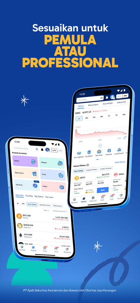 L'app di investimento Ajaib mostra le modalità Lite e Pro per diversi livelli di investitori