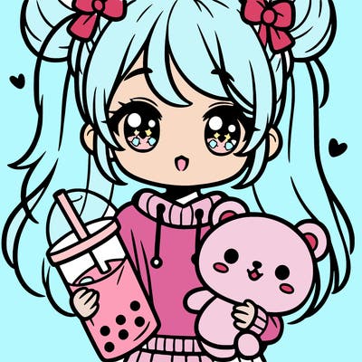 a cute kawwai girl who is holding a cute teddy bear and is drinking bubbletea