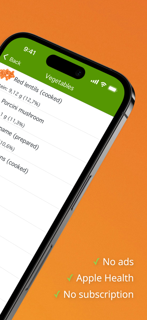 Interface of the Natural Food Guide app showing vegetable nutrition data and key features like Apple Health integration and no subscriptions