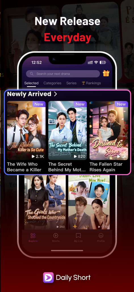 Interfaz de la aplicación DailyShort mostrando nuevas series cortas como La Esposa Que Se Convirtió En Asesina y Destinada a Brillar.