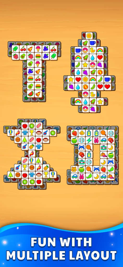 Tile Puzzle Game: Tiles Match - Une interface de jeu d'association de tuiles montrant quatre dispositions de formes différentes avec des tuiles à icônes colorées.