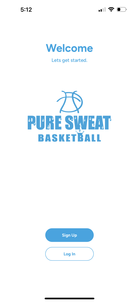 Pure Sweat Basketball - Écran d'accueil de l'application Pure Sweat Basketball avec des options d'inscription et de connexion