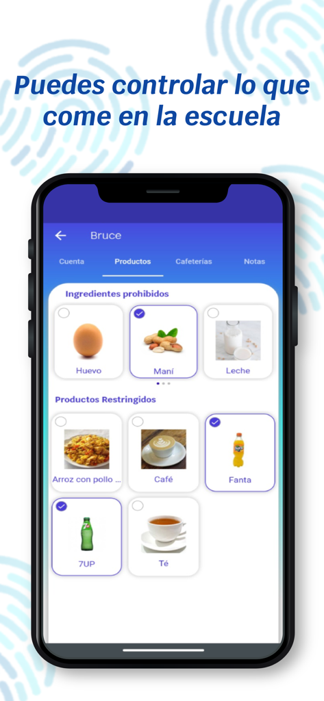 Tiptap - Tiptap app interface showing how parents can select prohibited and restricted food items like peanuts and soda for their child's school meals.
