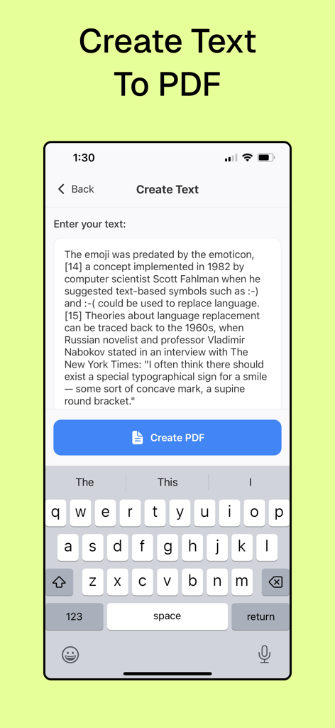 PDF Merge: small pdf converter - A mobile app screen showing a text to PDF conversion tool with an input field and a Create PDF button.