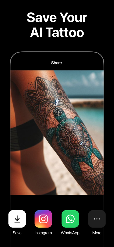 Interface showing a turtle tattoo design on an arm with options to save or share via Instagram and WhatsApp