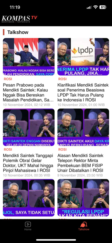 Kompas TV - Live Streaming - Screenshot of the Talkshow section in the Kompas TV app showing video thumbnails for the program ROSI