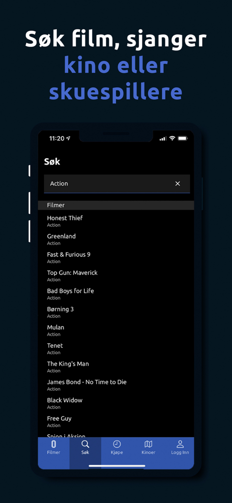 ODEON Kino - アクション映画のリストを表示しているODEON Kinoアプリの検索画面。
