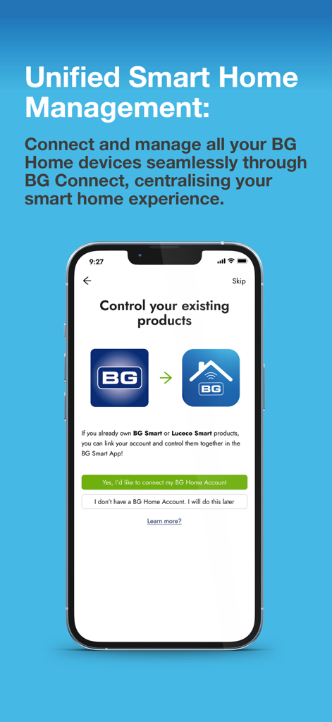 BG Smart - Pantalla de la aplicación BG Smart para la gestión unificada del hogar inteligente y la conexión de dispositivos