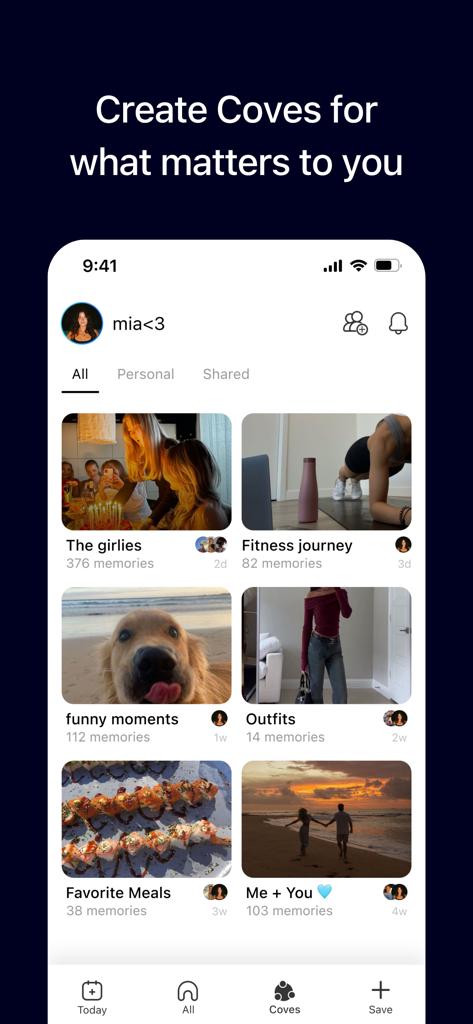 Cove - Document Your Life - Interface of the Cove app showing a grid of personalized themed memory collections like fitness, outfits, and favorite meals.