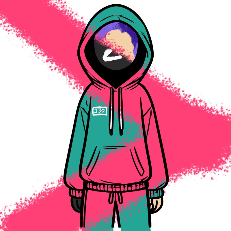 faceless girl in a tracksuit with a hood on and no hair