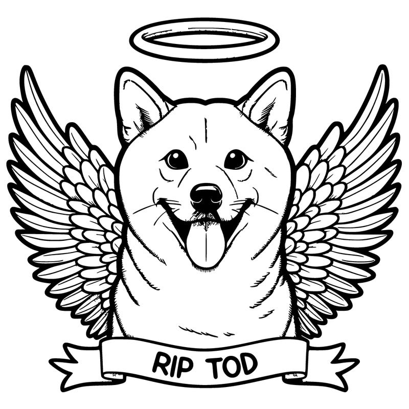 picture of a realistic shiba inu saying rip tod with a halo above its head and with angel wings