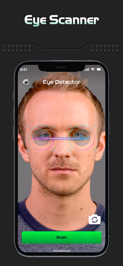Lie Detector: Test Scan Prank - A mobile phone screen showing an eye scanner prank interface used for a lie detector test simulation
