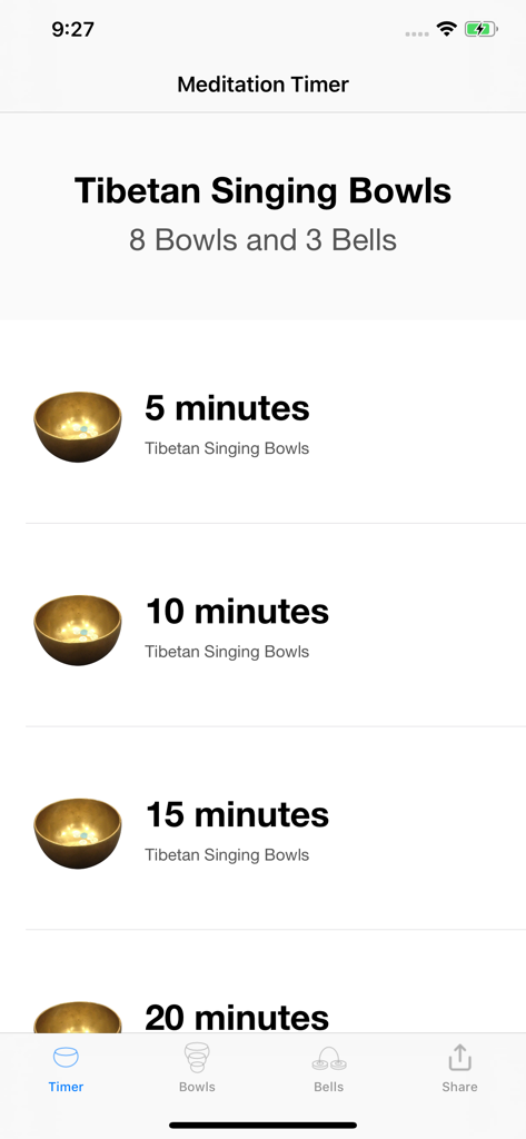The Meditation Timer Plus app screen showing various session durations with Tibetan singing bowl icons.