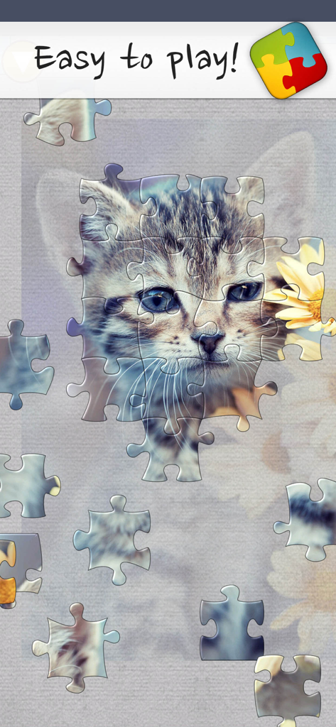 Un puzzle numérique représentant un adorable chaton en cours d'assemblage sur l'écran d'une tablette, avec la mention « Facile à jouer ».